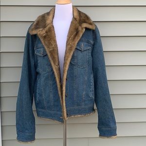 Faux Fur Lined Stretch Denim Blue Jean Jacket